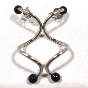 EARRINGS - SILVER-TONE SWIRL with BLACK BEADS